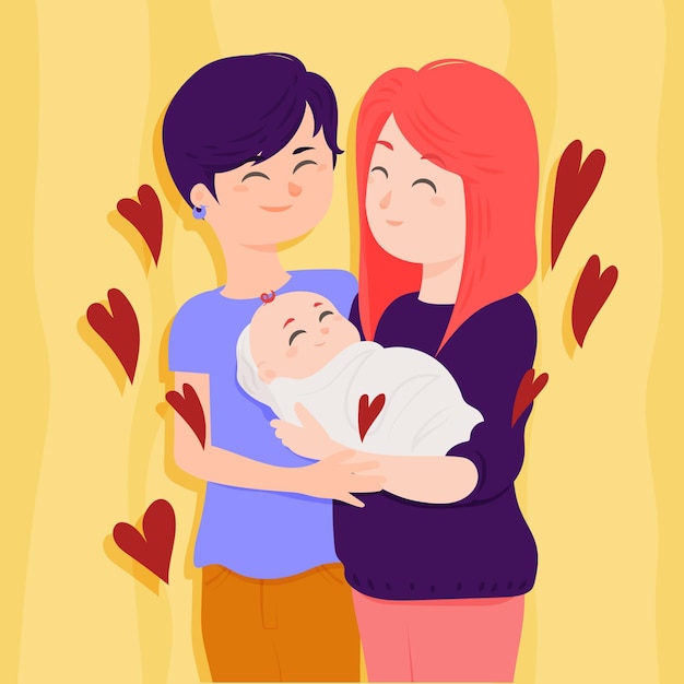 Vector flat design lesbian couple with their kid