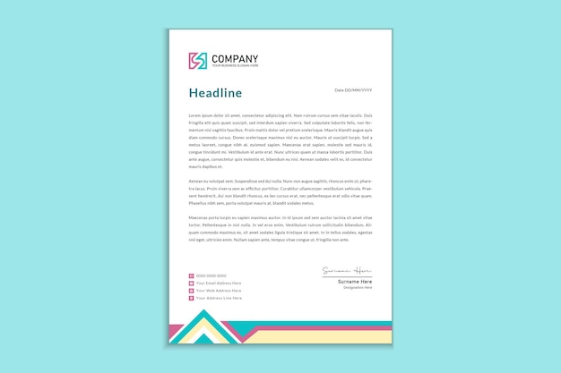 Flat design letterhead template pink yellow and green color shape