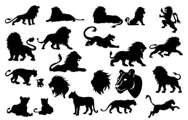 Vector flat design lion animals silhouette icon element set