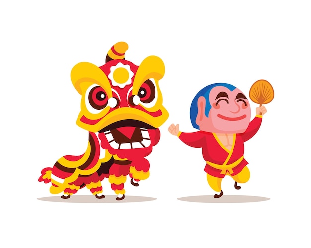 Flat design of lion dance with big head buddha