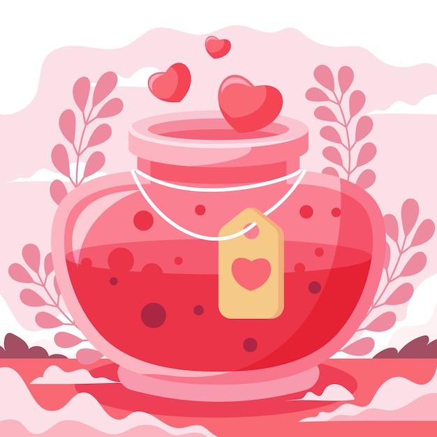 Flat design love potion illustration with leaves