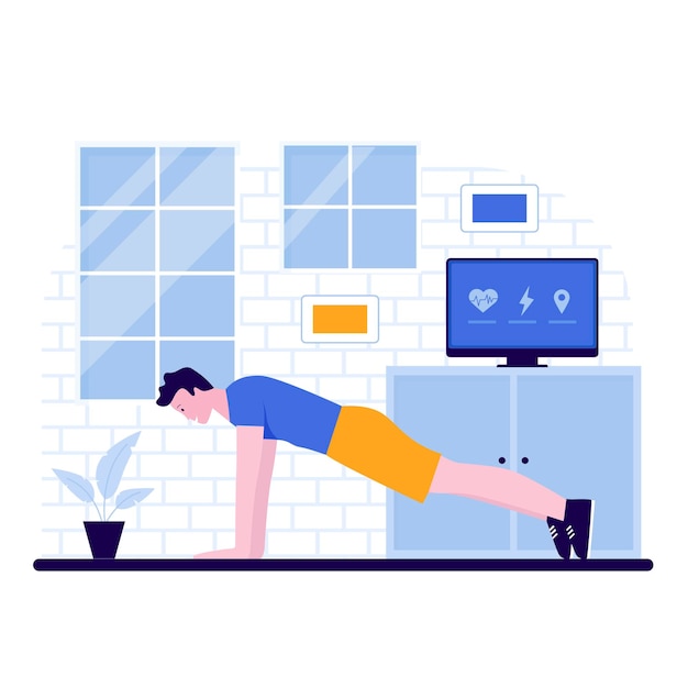 Flat design of man exercise at home