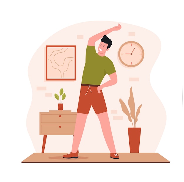 Flat design of man at home are exercising