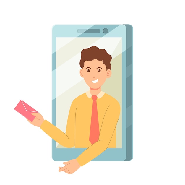 Flat design of a man on a mobile phone background