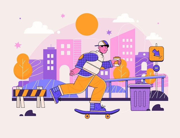 Flat design man on skateboard in city