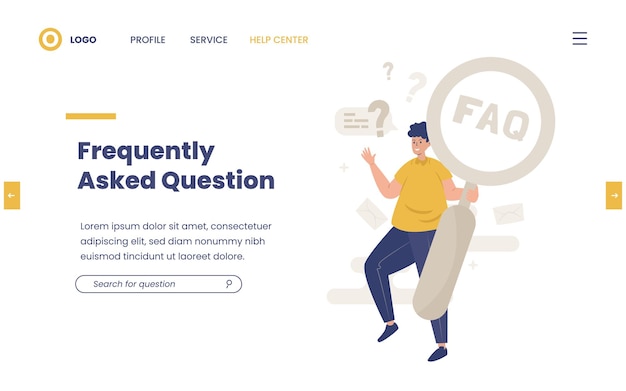 Flat design a man with magnifying glass for FAQ website page