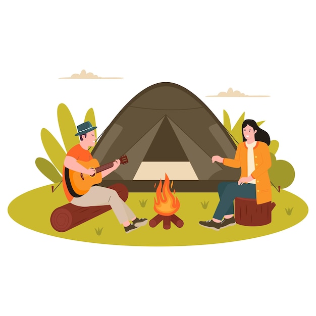 Vector flat design of man and woman camp outdoor