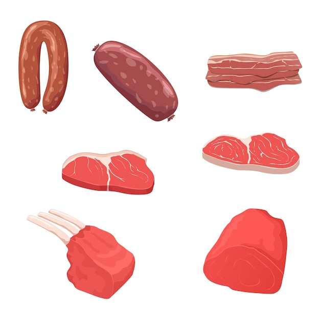 Flat design meat products vector icon set.