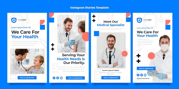 Vettore storie di instagram di cure mediche dal design piatto