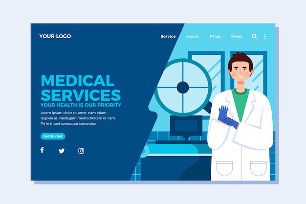 ベクトル フラットデザインの医療サービスのランディングページ