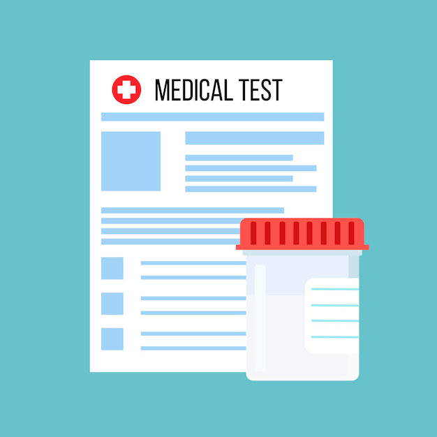 의료 및 건강 관리를 위한 의료 테스트 튜브 및 의료 테스트 문서의 평면 디자인 일러스트레이션