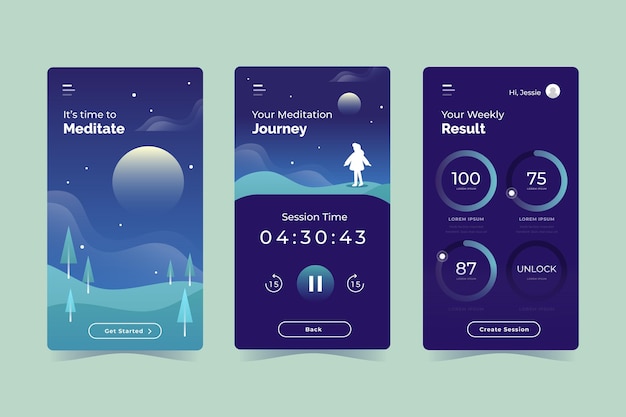 Vector flat design meditation app set