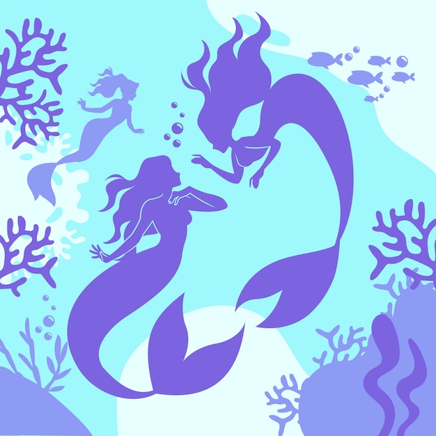 Vector flat design mermaid silhouette illustration