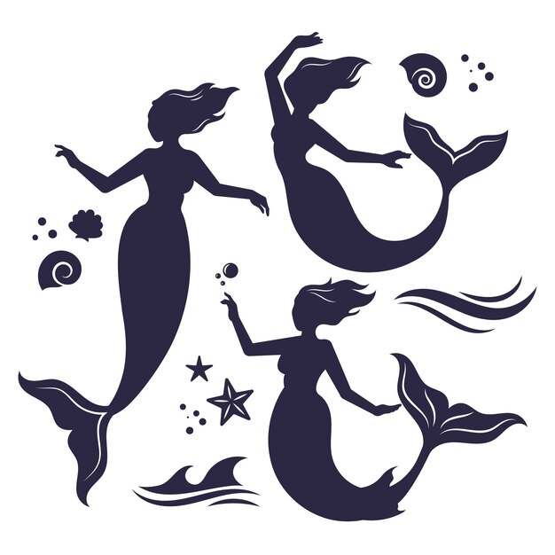 Vector flat design mermaid silhouette illustration