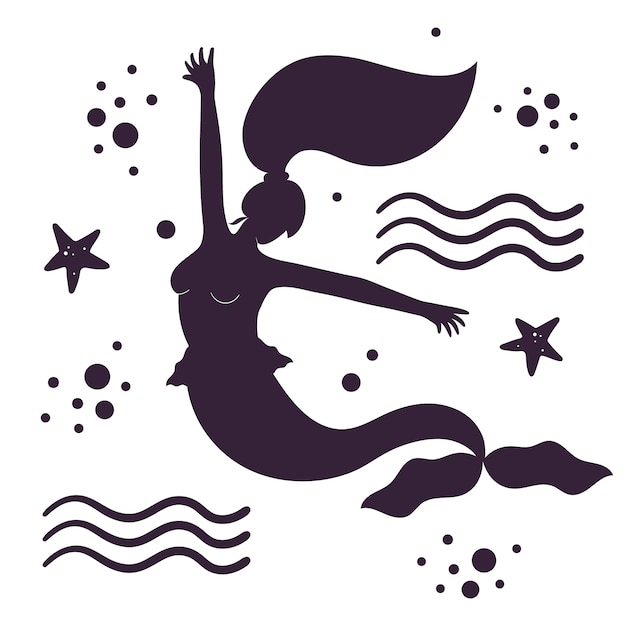 Vector flat design mermaid silhouette illustration