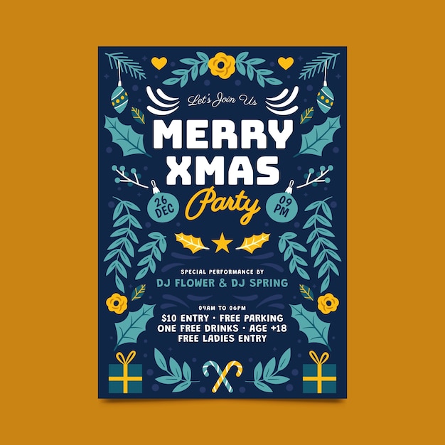 Flat design merry christmas party poster template