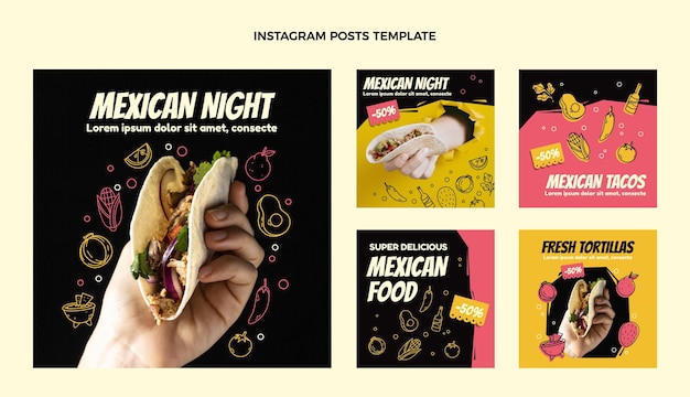 ベクトル フラットデザインのメキシコ料理のinstagramの投稿