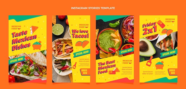 Vector flat design mexican food instagram stories