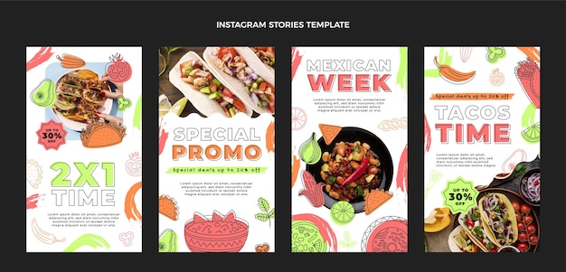 Vector flat design mexican food instagram stories