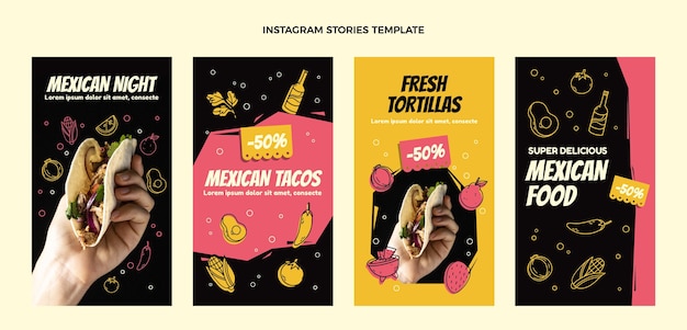 Storie di instagram di cibo messicano dal design piatto