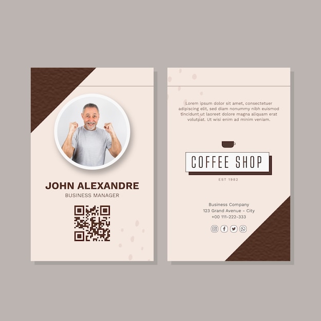 Vettore modello di carta d'identità minimal coffee shop design piatto