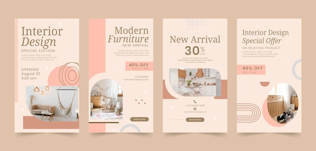 Vettore set di storie di instagram di interior design minimal design piatto
