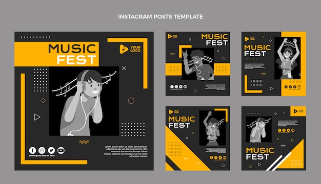 Vector flat design minimal music festival instagram posts