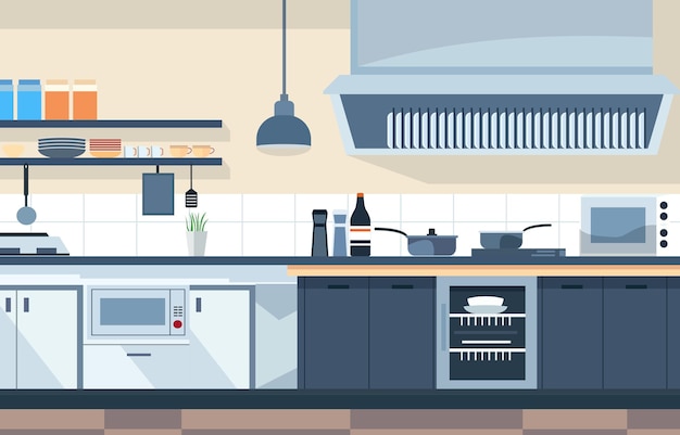 Flat Design of Modern Kitchen Interior in Restaurant with Storage Shelves and Stove