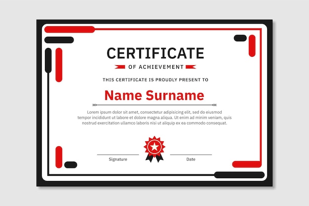 Design piatto moderno modello di certificato nero rosso