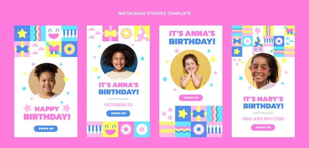 Vettore design piatto di storie di compleanno in mosaico ig