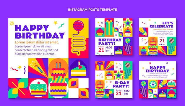 Vector flat design mosaic birthday instagram post