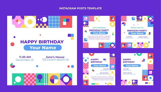 Vector flat design mosaic birthday instagram posts template