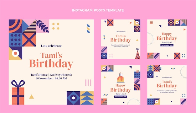 Vector flat design mosaic birthday instagram posts