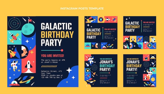 Vector flat design mosaic birthday instagram posts