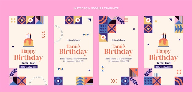 Storie di instagram di compleanno di mosaico di design piatto