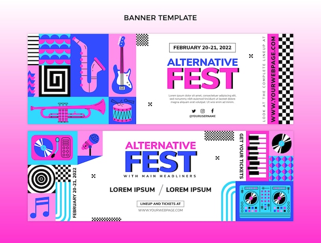 Flat design mosaic music festival horizontal banners