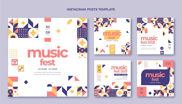 Vettore post di instagram del festival di musica del mosaico di design piatto