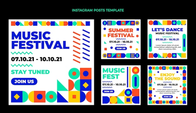 Vettore post di instagram del festival musicale del mosaico di design piatto