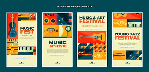 Vettore storie di instagram di festival di musica di mosaico di design piatto