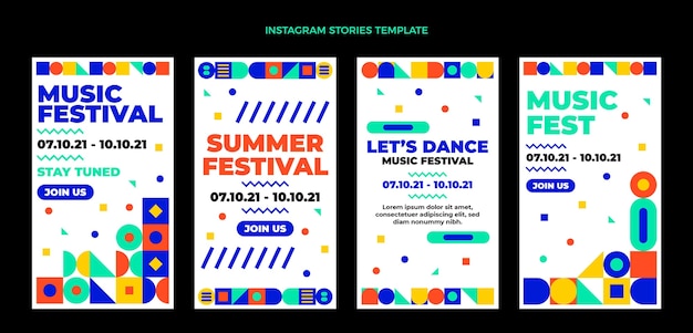 Storie di instagram di festival di musica di mosaico di design piatto