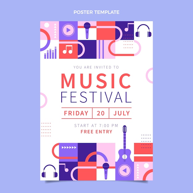 Vector flat design mosaic music festival poster template