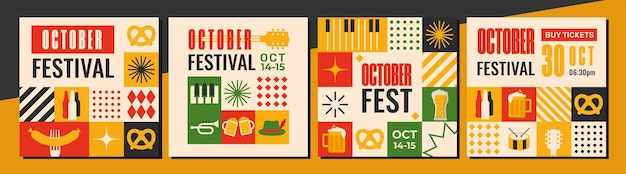 Vector flat design mosaic octoberfest set of editable templates for social media event poster postcard