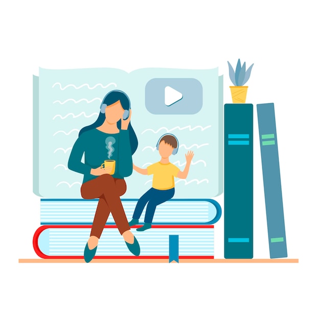 Vector flat design of a mother with a child in headphones. the concept of people listen to audiobooks. vector illustration on a white background.