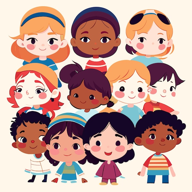 Flat design of multiracial children engaging in friendship