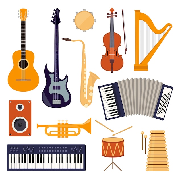 Flat design musical instruments set of icons Guitar synthesizer violin cello drum cymbals saxophone