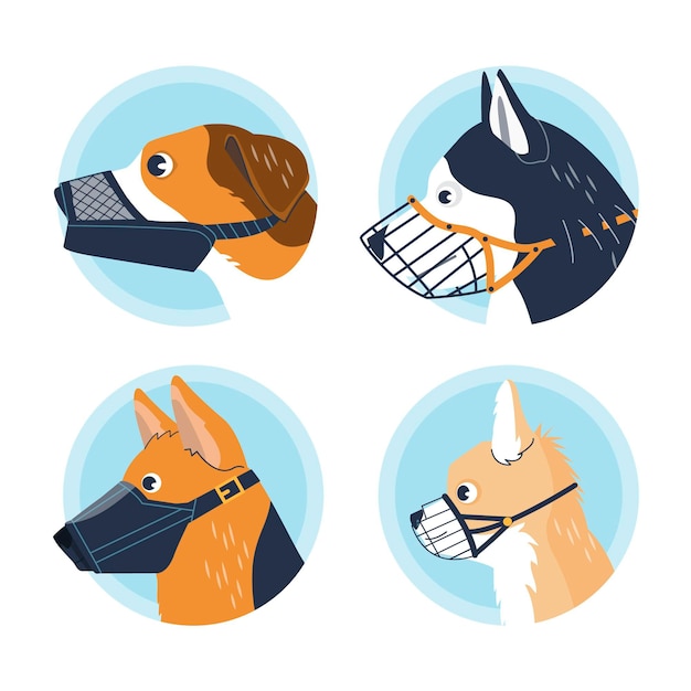 Flat design muzzled animals set