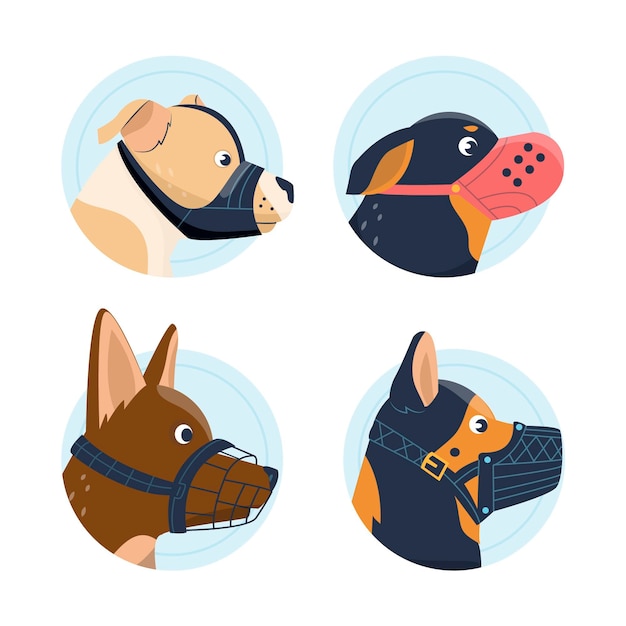 Vector flat design muzzled animals set