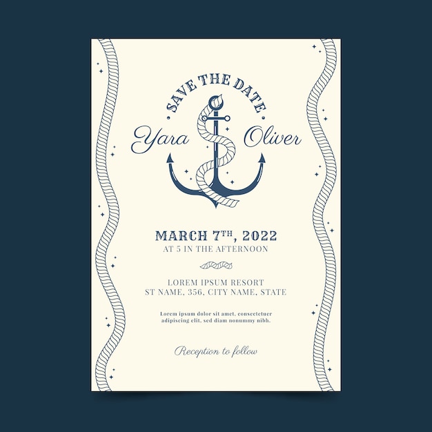 Vector flat design nautical wedding invitation