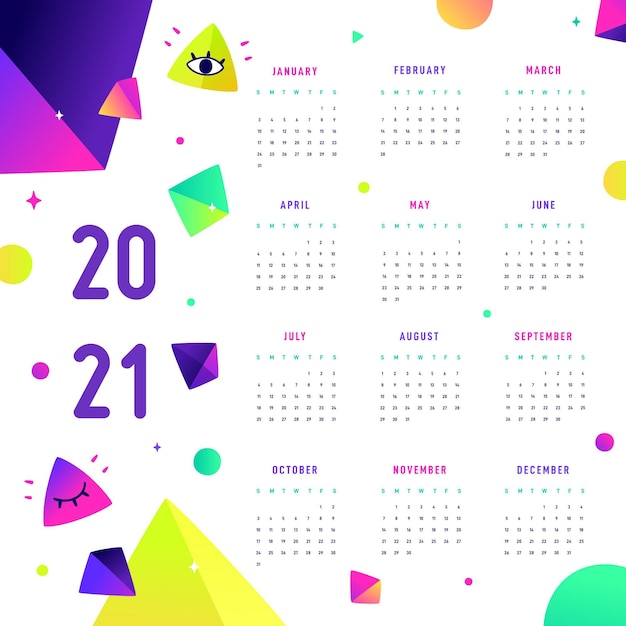 Vettore calendario del nuovo anno 2021 design piatto