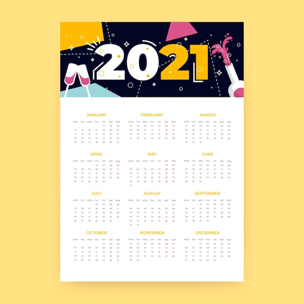 Vettore calendario del nuovo anno 2021 design piatto